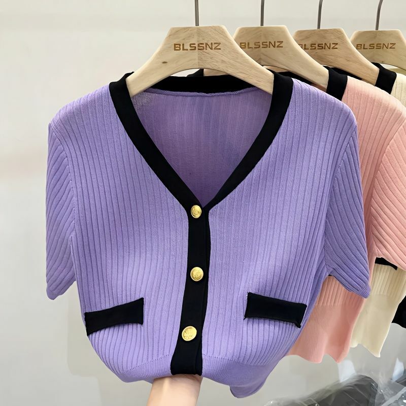 Fashion V-Neck Button Korean Knitted Short Sleeve Shirts Women's Clothing 2024 Summer New Loose Casual Tops Office Lady Blouses