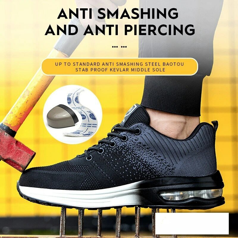 Air Cushion Work Safety Shoes para homens e mulheres, tênis de trabalho respirável, sapatos de toe de aço, sapato protetor de segurança antipunção