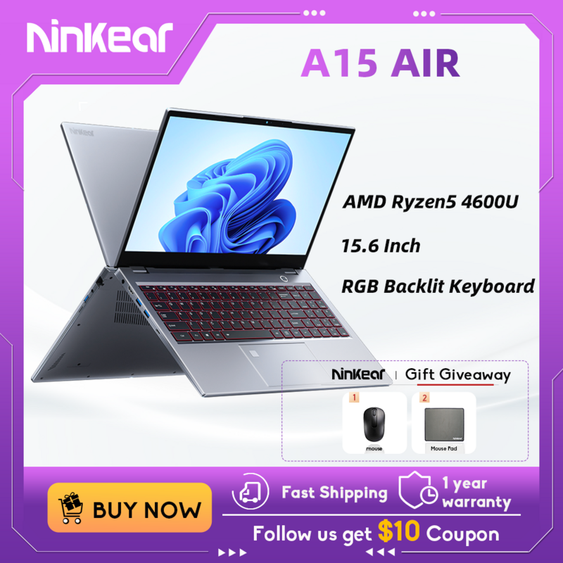 Ninkear Laptop A15 Air 15.6 "FHD IPS 16GB DDR4 512GB SSD AMD Ryzen5 4600U Buka kunci sidik jari Keyboard lampu latar Windows 11