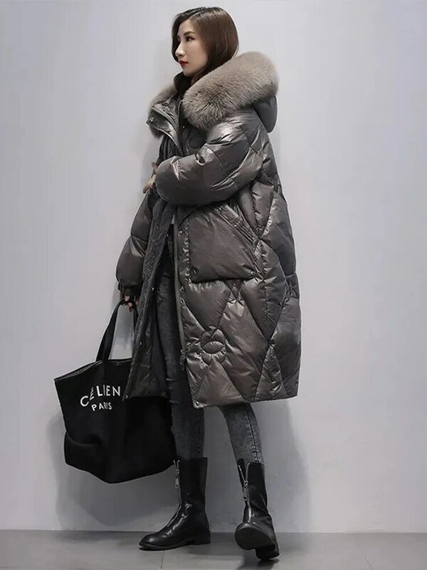 Jaquetas de colarinho de pele grande feminina, jaquetas acolchoadas no joelho, tamanho grande 2XL, soltas, inverno