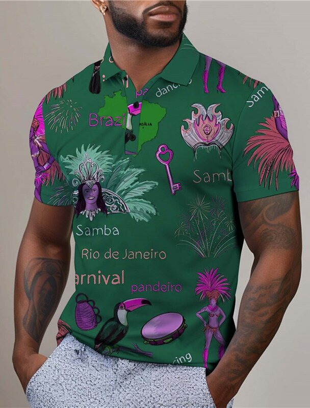 Polo de Golf con estampado abstracto 3D para hombre, ropa de calle de poliéster de Mardi Gras, camisa de manga corta con solapa de tela de malla
