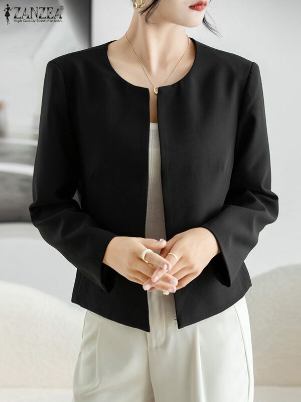 Женский кардиган ZANZEA, корейская мода, блузка с длинным рукавом и открытым спереди, Осенний Повседневный офисный Блейзер, костюмы, однотонная тонкая верхняя одежда, 2023