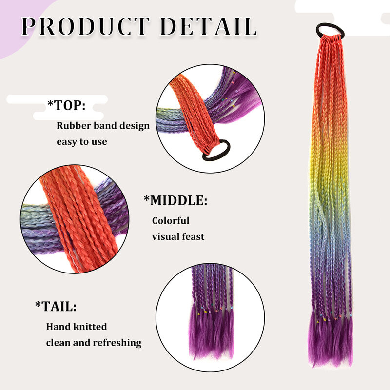 Extensão de cabelo sintético trançado colorido para mulheres, tranças coloridas do arco-íris, rabo de pônei com elástico para meninas, 24 polegadas