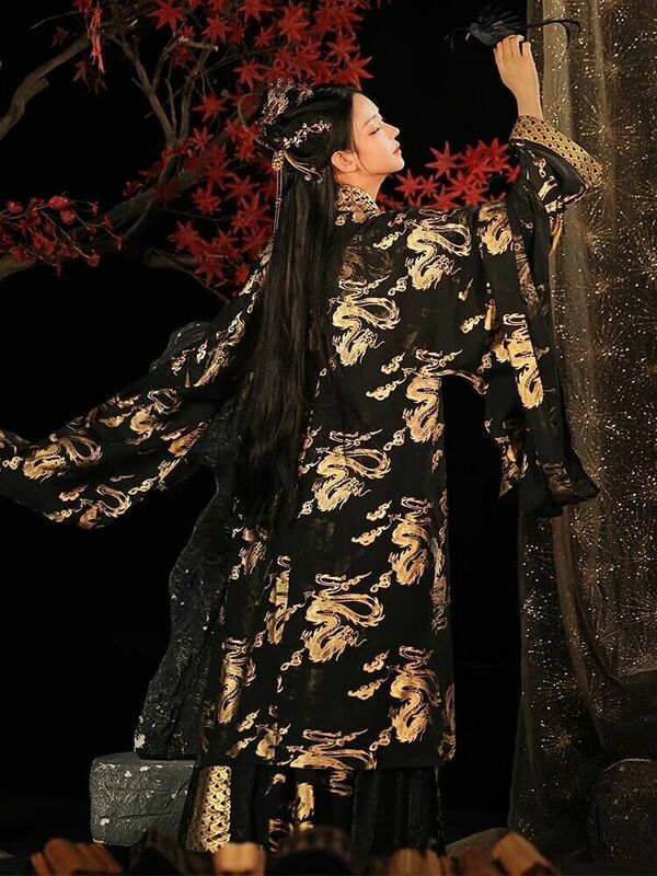 Vestido Hanfu chino para mujer, traje de Cosplay de reina de Halloween, color negro, 3 piezas, talla grande XL