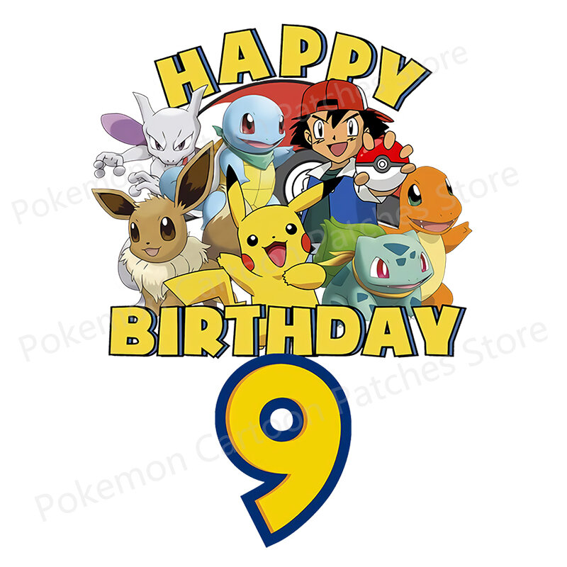 Pokémon Anime Fusível Patch Adesivo para Roupas Infantis, Apliques De Transferência De Calor, Números De Feliz Aniversário, Presente De Festa, 1 a 12 Anos