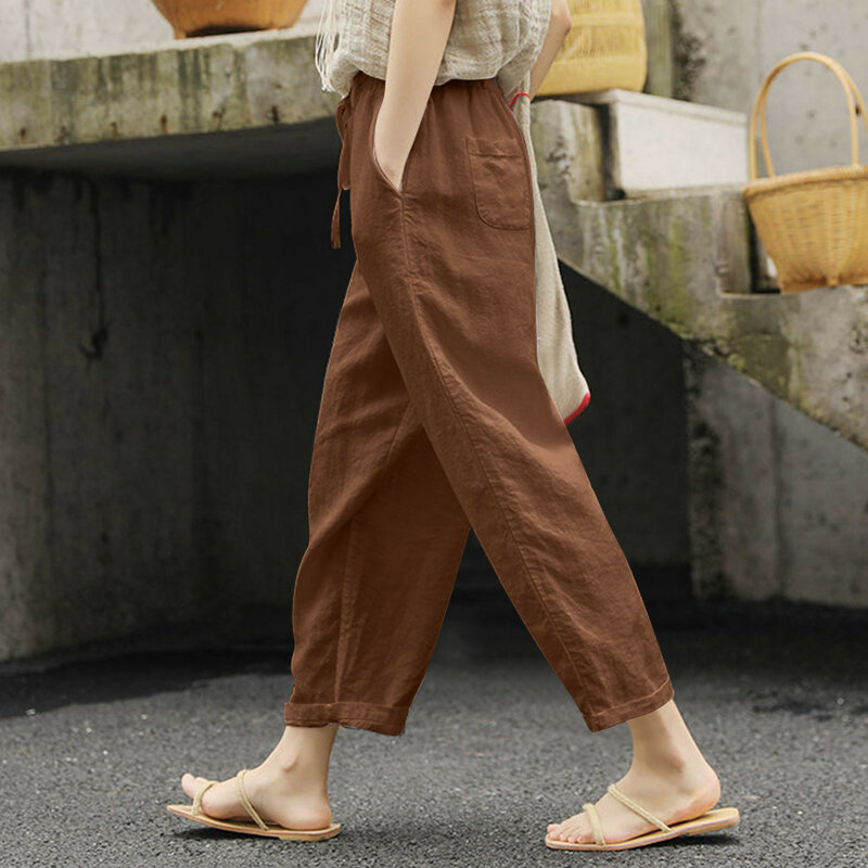 Celana panjang tipis wanita katun Linen, celana panjang serut bersaku warna polos sederhana dan elastis musim panas