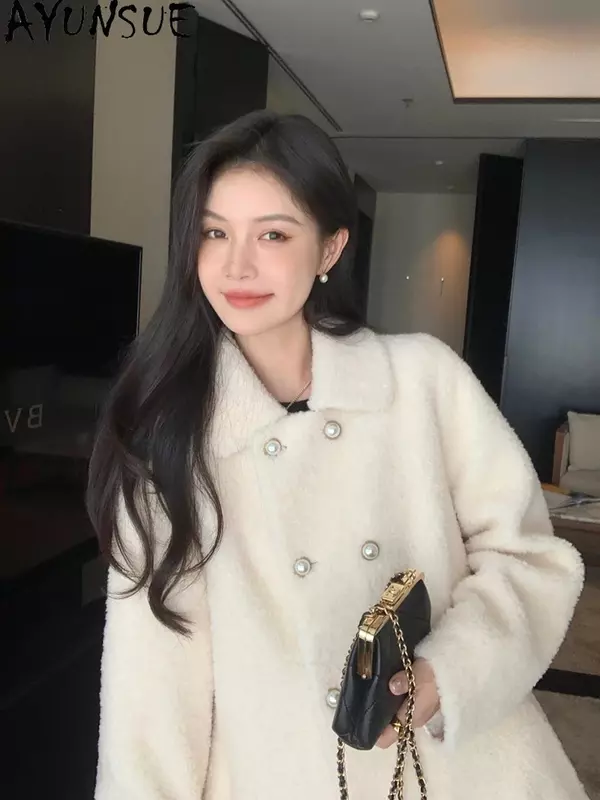 AYUNSUE 여성용 하이 퀄리티 100% 울 코트, 우아한 긴 양 전단 재킷, 한국 스타일, 2023 겨울