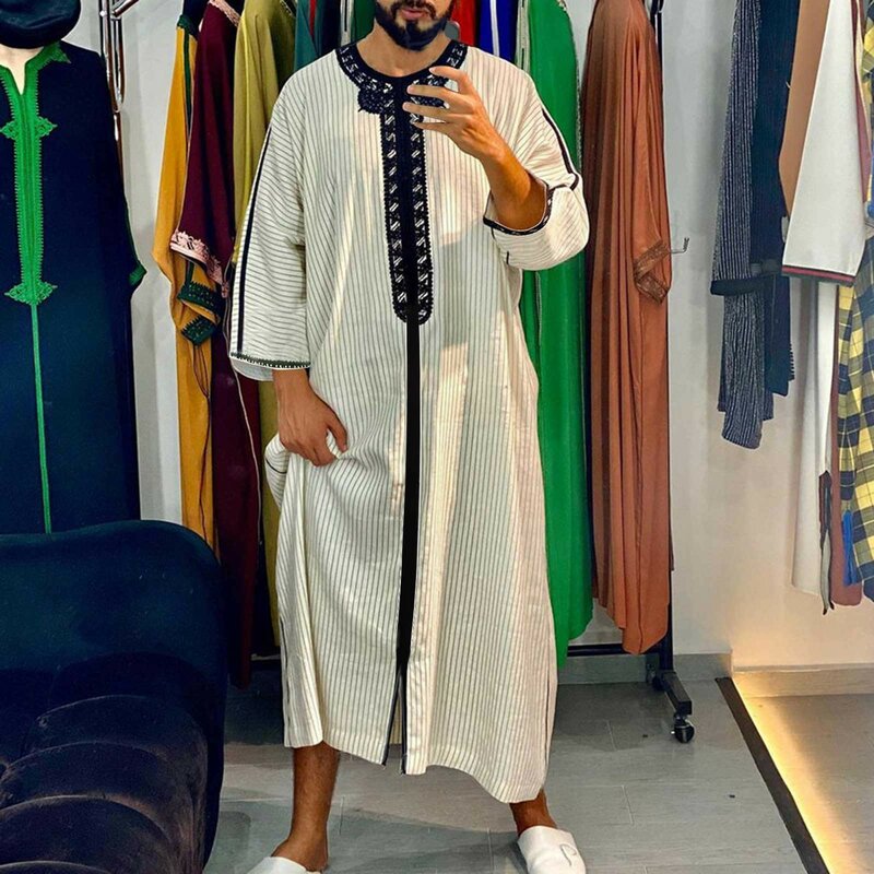2024 Men Robe Kaftan Muslim Moroccan Casual Long Dress Arab Middle East National Traditional Costume Striped Robe Islamic Clothe
