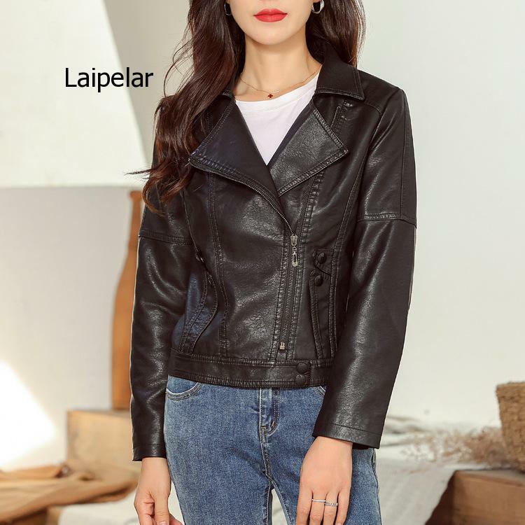 Jaket Kulit Imitasi Wanita Musim Gugur Lengan Panjang PU Longgar Jaket Pendek Motor Perempuan Streetwear Longgar Gaya Korea Pakaian Luar