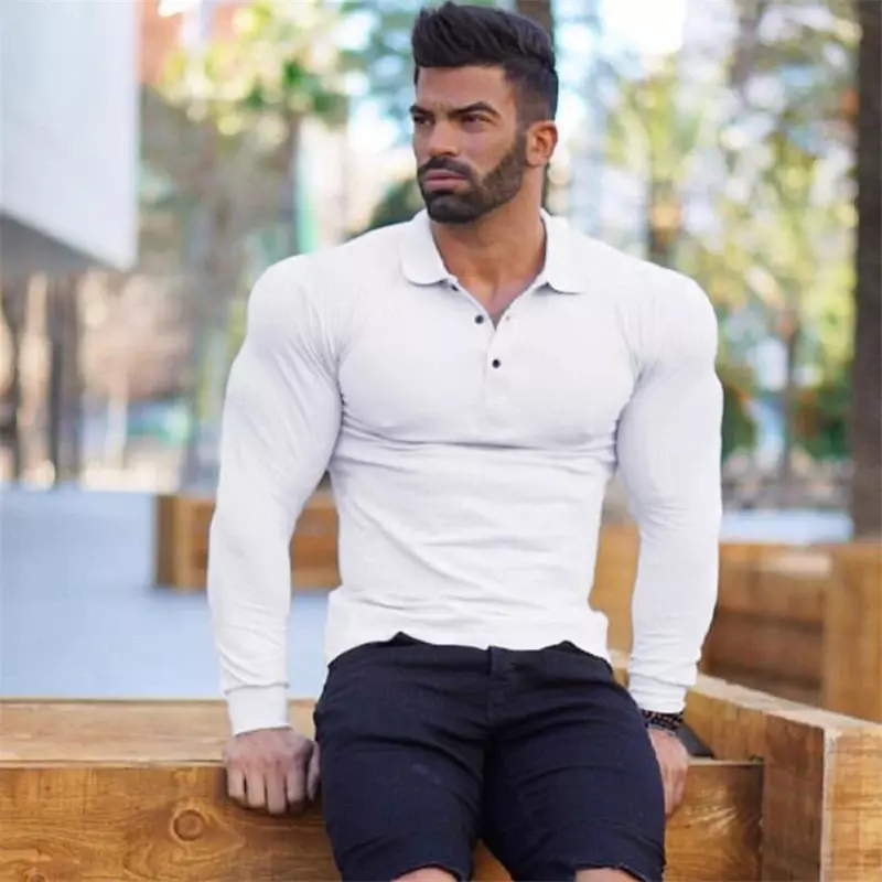 Polo-Shirt Bermerek Katun Lengan Panjang Pria Kebugaran Solid Slim Fit Fashion Kaus Polo Bersirkulasi Musim Gugur