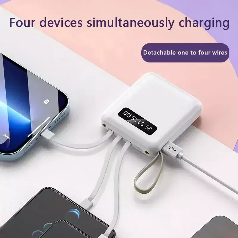 Mini Power Bank 20000mAh avec 4 câbles, chargeur de batterie externe pour téléphone portable, iPhone, Samsung, Huawei, Xiaomi, nouveau
