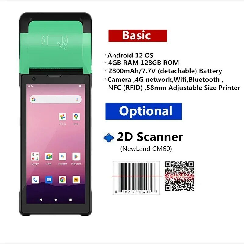 Varredor Handheld industrial PDA com impressora interna de 58mm, Android 12.0, 4G, NFC, WiFi, 6 Polegada, 2D, CM60