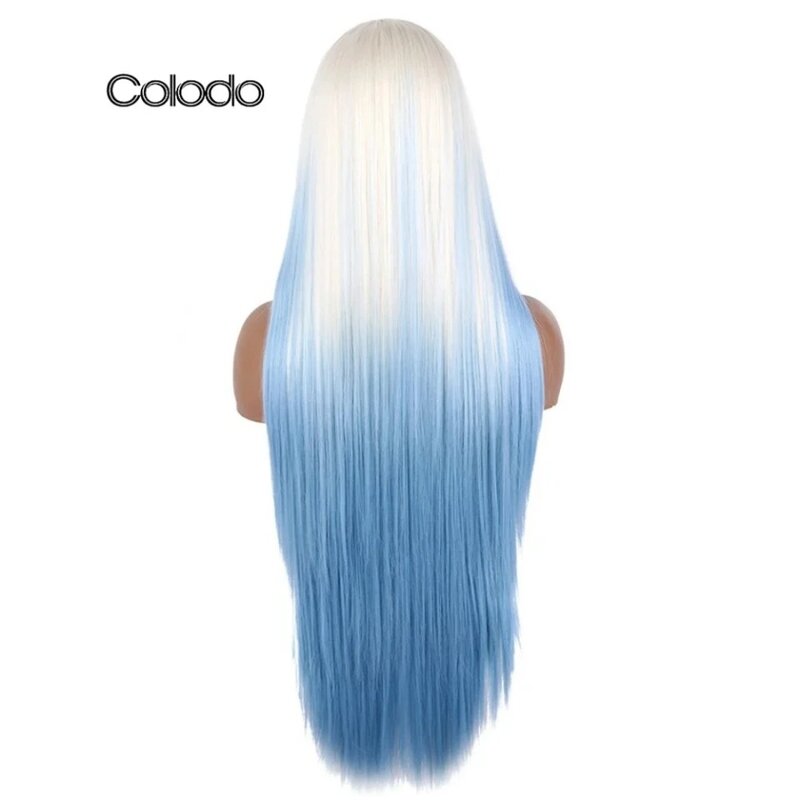 Długa prosta syntetyczna koronka peruka Front warstwowa biała niebieska peruka bezklejowa 30 Cal wysokotemperaturowa peruka Ombre Cosplay dla kobiet