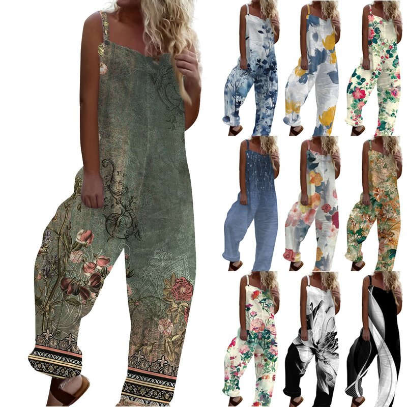 Women'S Strappy Jumpsuits Fashion Trend Summer Retro Print Casual Loose Wide Leg Rompers Daily Commute All-Match Cool Jumpsuits