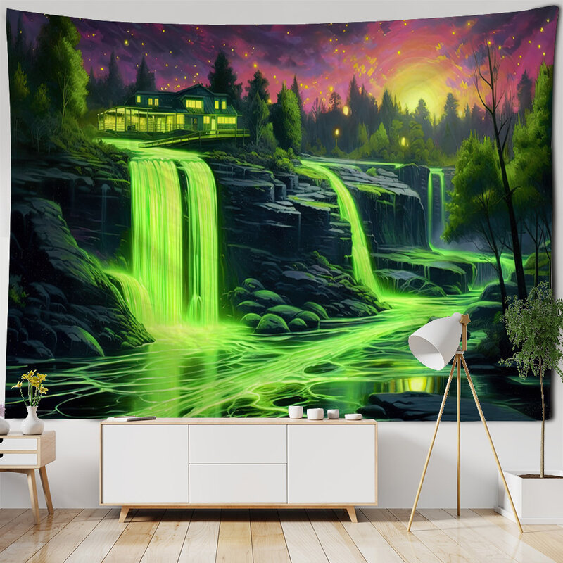 Colorful waterfall tapestry, forest, night sky, natural landscape, black light, home decoration blanket, living room and bedroom
