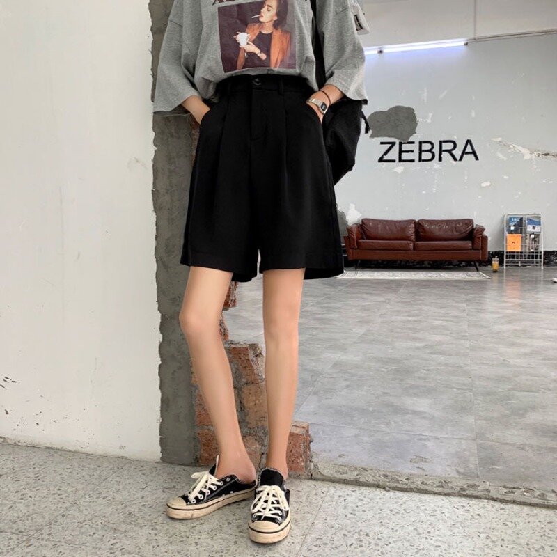 Korean Style Shorts for Women Fashion Loose Black Solid Simple Zipper Summer Clothing All-match College Students Young Leisure