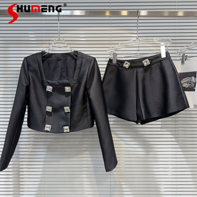 Fashion 2024 Women's Two-Piece Set Spring New Rhinestone Buckle Low Square Collar Long Sleeve Short Coat Solid Color Shorts Suit