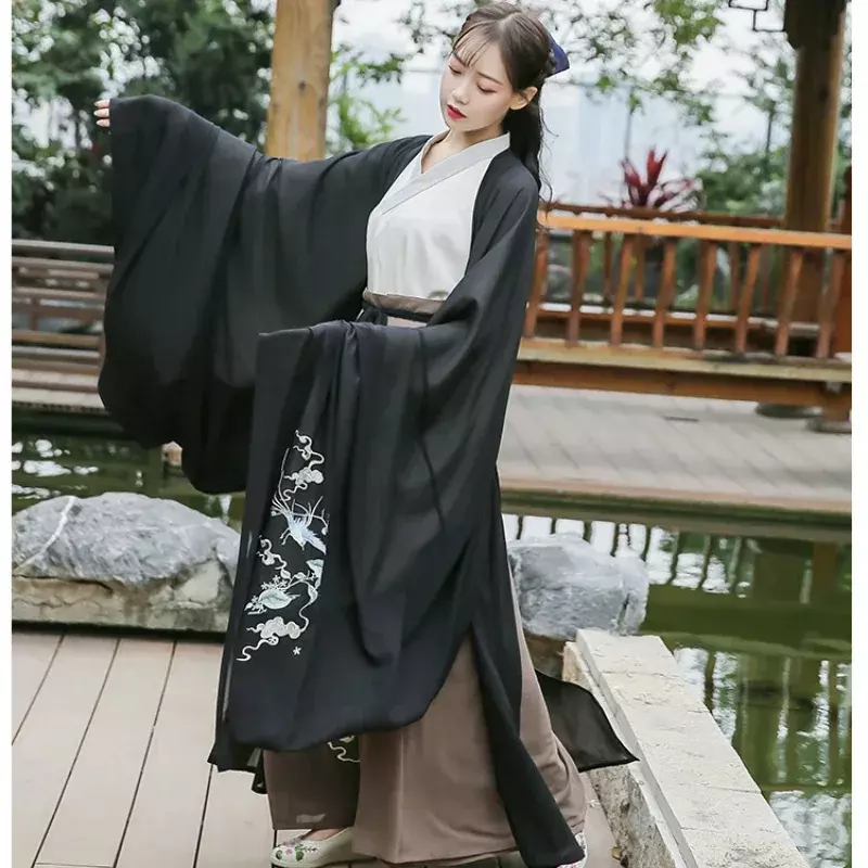 Gaun kuno tradisional Tiongkok, jubah Hanfu Pasangan Pria Wanita rok mantel hitam, kostum Cosplay ksatria Halloween dewasa, Set lengkap