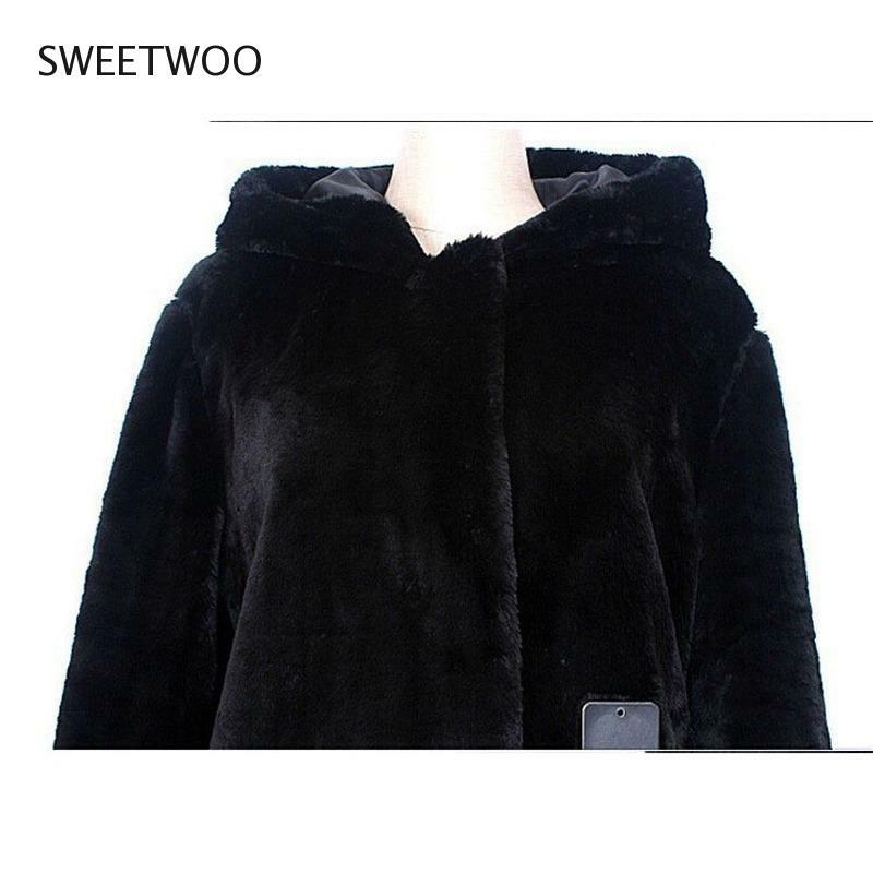 Шуба женская зимняя с капюшоном, модная уличная одежда свободного покроя, плотное теплое меховое пальто, элегантный обтягивающий мех, черный цвет