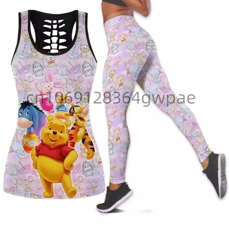 Женская майка с вырезами Winnie the Pooh, леггинсы, комплект для йоги, летние леггинсы для фитнеса, спортивный костюм, комплект леггинсов из верха Диснея