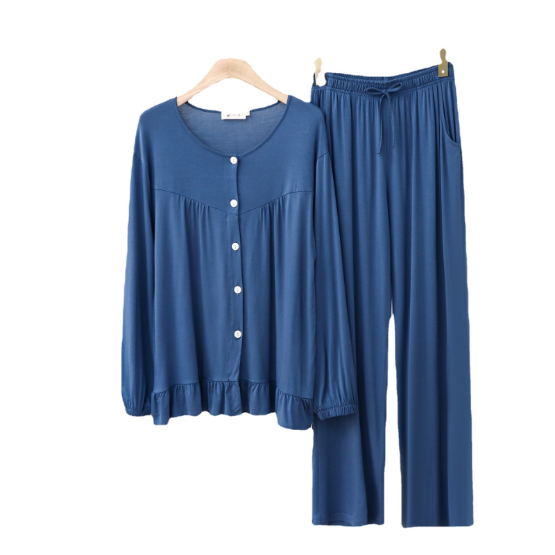 Pijama de chándal de Modal para mujer, pantalones plisados de manga larga, Sexy, conjunto de dos piezas, Color sólido, suave, ropa informal