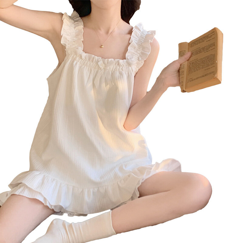 여성용 코튼 화이트 민소매 잠옷, 섹시한 백리스 잠옷, 솔리드 루즈 잠옷, 여름 세트, 2024 구김 신상