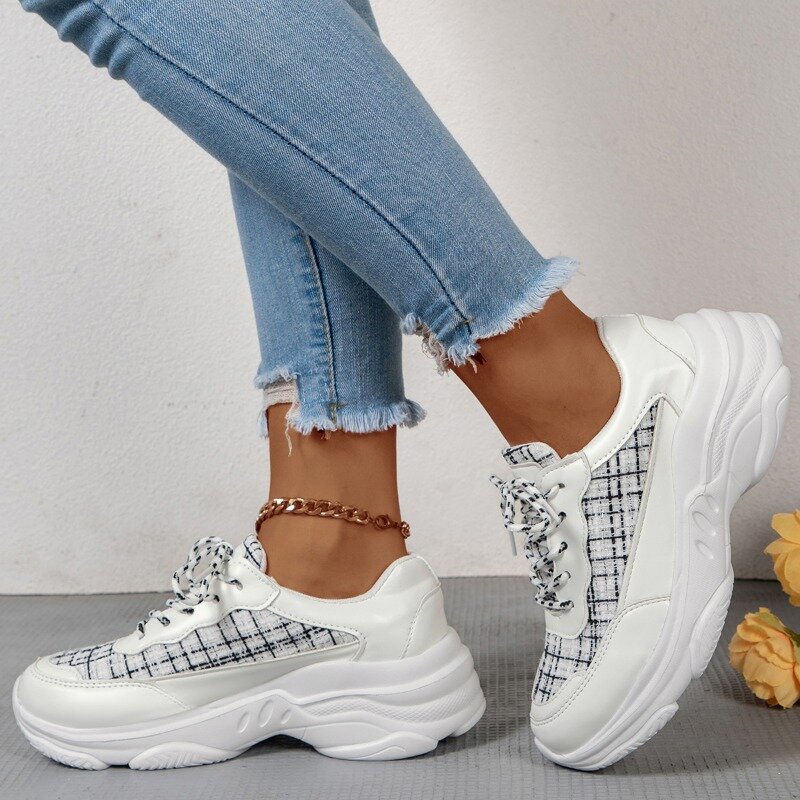 2024 Spring Chunky Non-slip Sport Shoes Comfort Lace-up Ladies Shoes PU Canvas Splic Sneakeers ZapatosFashion Women's Sneakers
