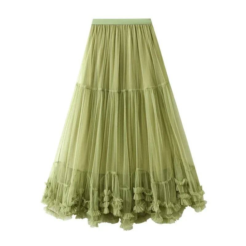 Fashion High Street Versatile Commuter Skirt Chic Mesh Pleated Splicing Sweet Ladies Solid Color Cake Skirt Party Dress OFE15