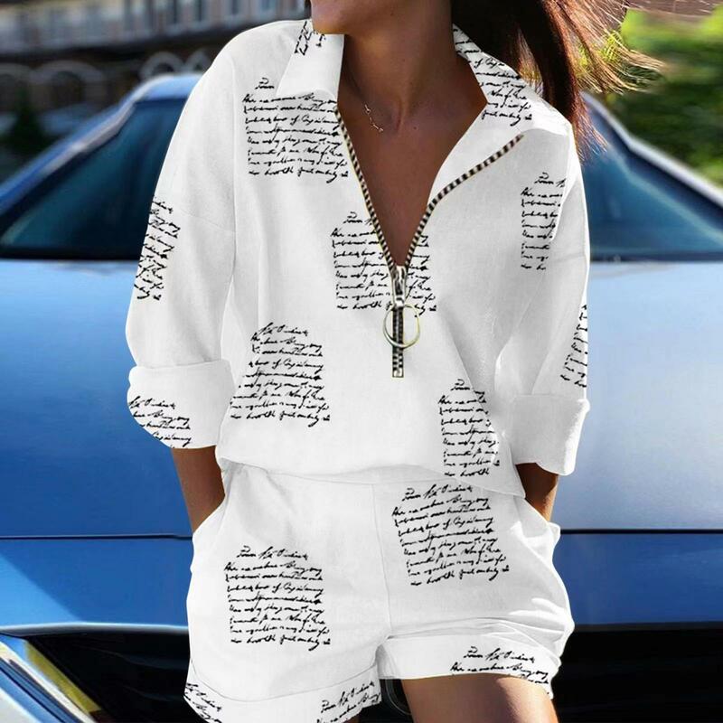 Completi corti da donna colletto rovesciato stampa Pullover top tuta Casual pantaloni a matita cerniera tasche estive larghe 2024