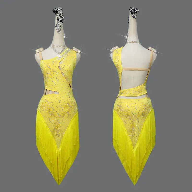New Custom Yellow Latin Dance Dress Women's Diamond Dance Skirt Cha Cha Tango Dance Skirt Adult Professional Stage Costumes