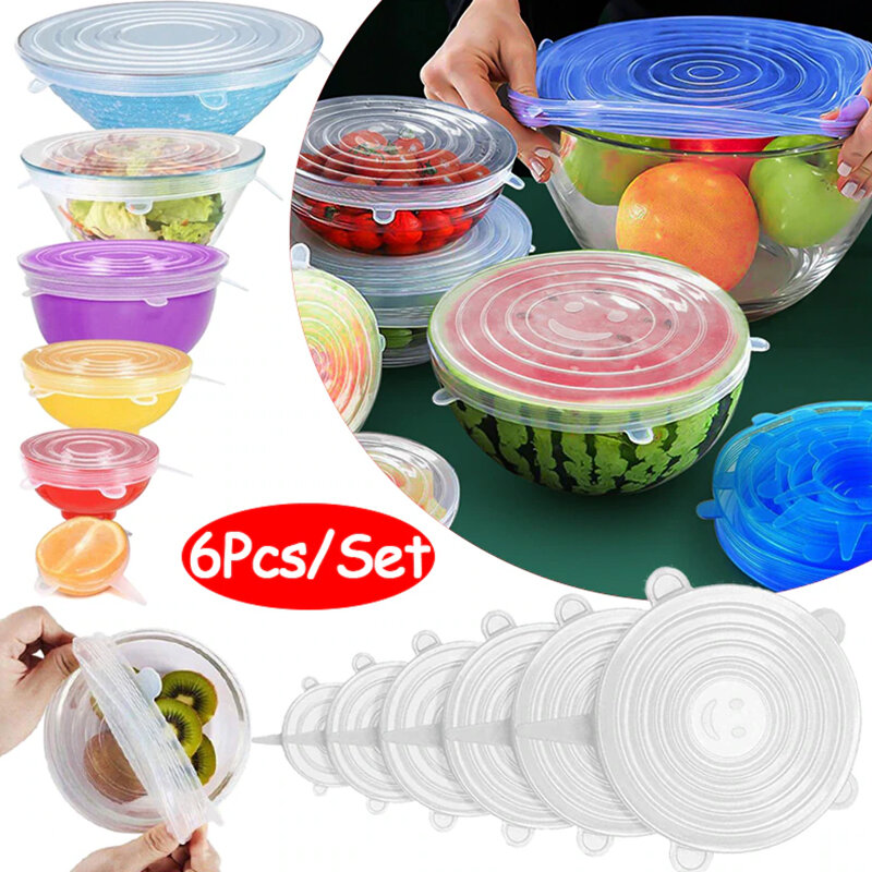 6PCS Food Silicone Cover Fresh-keeping Stretch Lid Reusable Airtight Cap Wrap Kitchen Accessories Refrigerator Storage