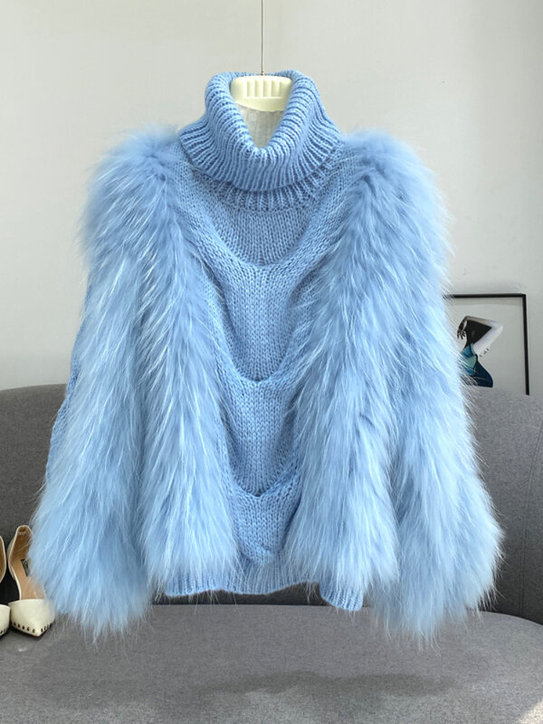 MENINA BONITA 2022 Real Fur Coat Winter Jacket Women Natural Raccoon Fur Fluffy Weave Knitted Sweater Stand Collar Streetwear