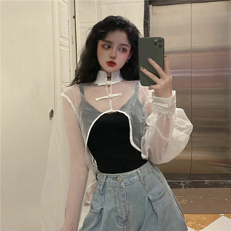 QWEEK Blus Wanita Seksi Atasan Transparan Kaus Hitam Putih Crop Harajuku Lengan Panjang Pakaian Luar Manis Cantik Fashion Ins