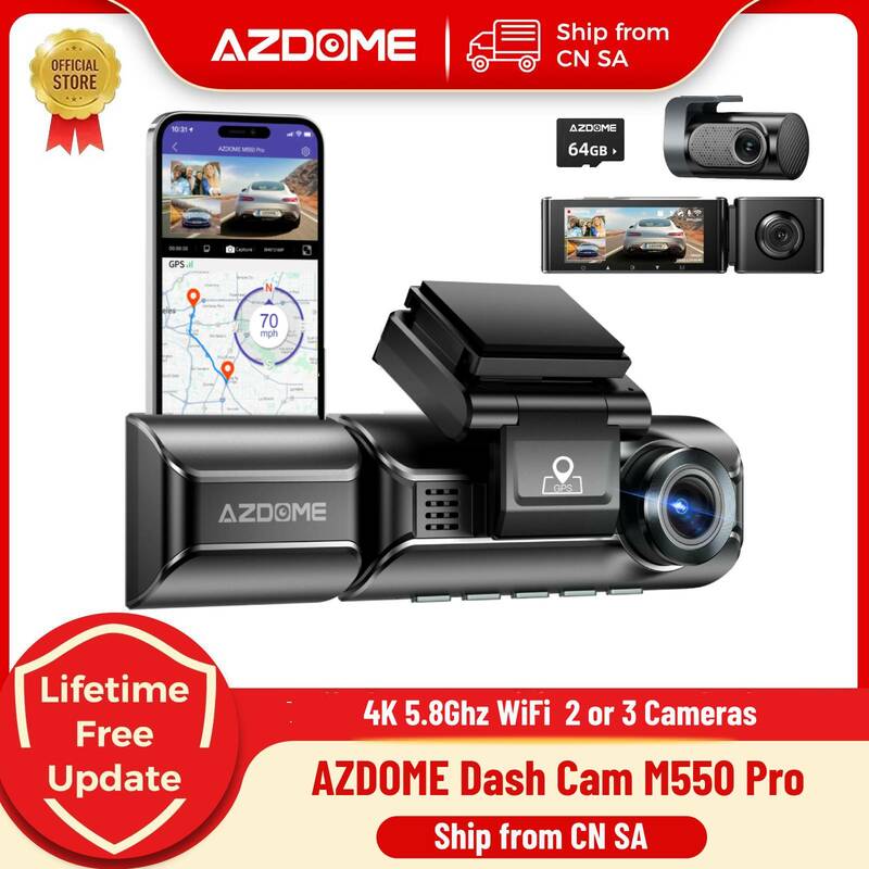 กล้องติดรถยนต์ azdome M550 Pro ติดรถยนต์กล้อง4K 5.8GHz WIFI 2หรือ3ตัวกล้องหน้า/ห้องโดยสาร/หลัง GPS การมองเห็นได้ในเวลากลางคืนจอจอดรถ