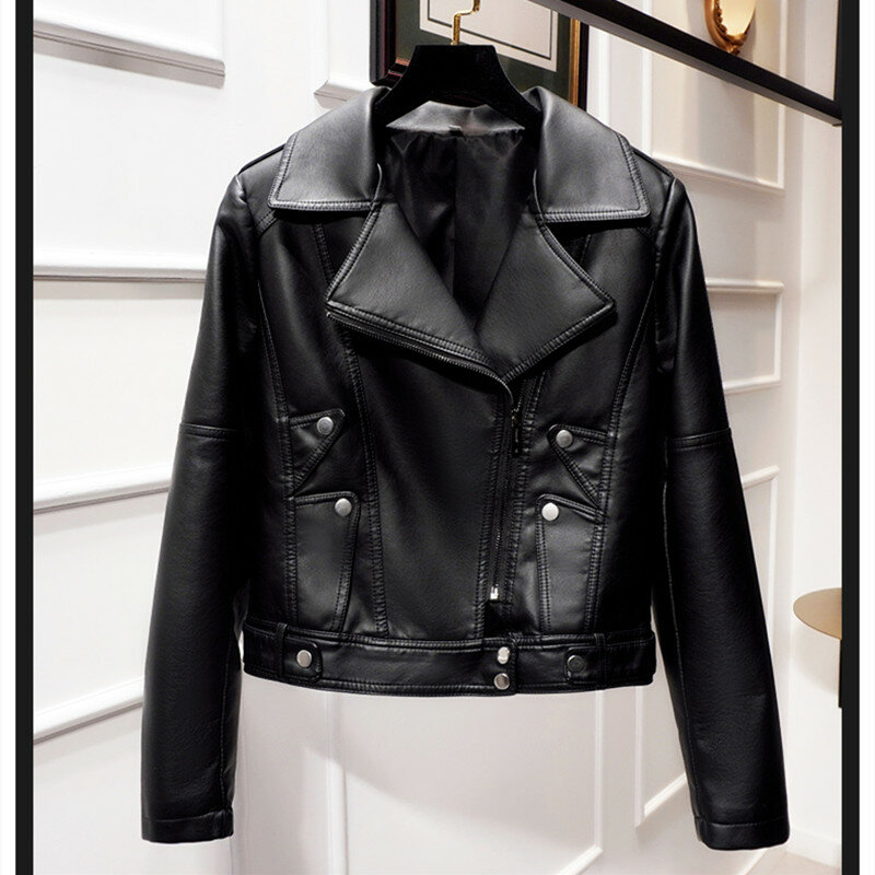Korean Version  Cotton Padded Pu Leather Women Short Jacket Winter 2022 Plus Velvet Padded Slim Long Sleeve Motorcycle  Coat