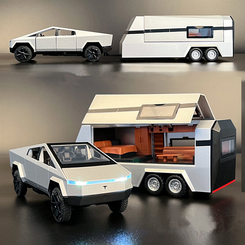 Vehículo todoterreno de Metal fundido a presión para niños, camioneta modelo de coche de aleación de remolque, camión con sonido y luz Tesla, regalo, 1/32