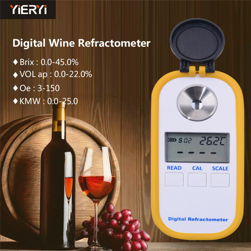 Yieryi Digital Wine Refratômetro, Medidor de Concentração Portátil, Índice de Refração 4 em 1, Brix, VOL ap, Oe, KMW, Uva, Suco, Álcool