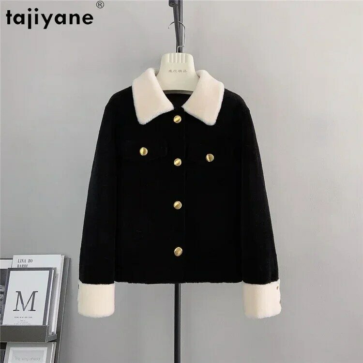 Tajiyane 여성용 양 시어링 재킷, 스퀘어 칼라 100%, 퓨어 울 코트, 향기로운 짧은 모피 코트, 자케타 여성, 가을 겨울