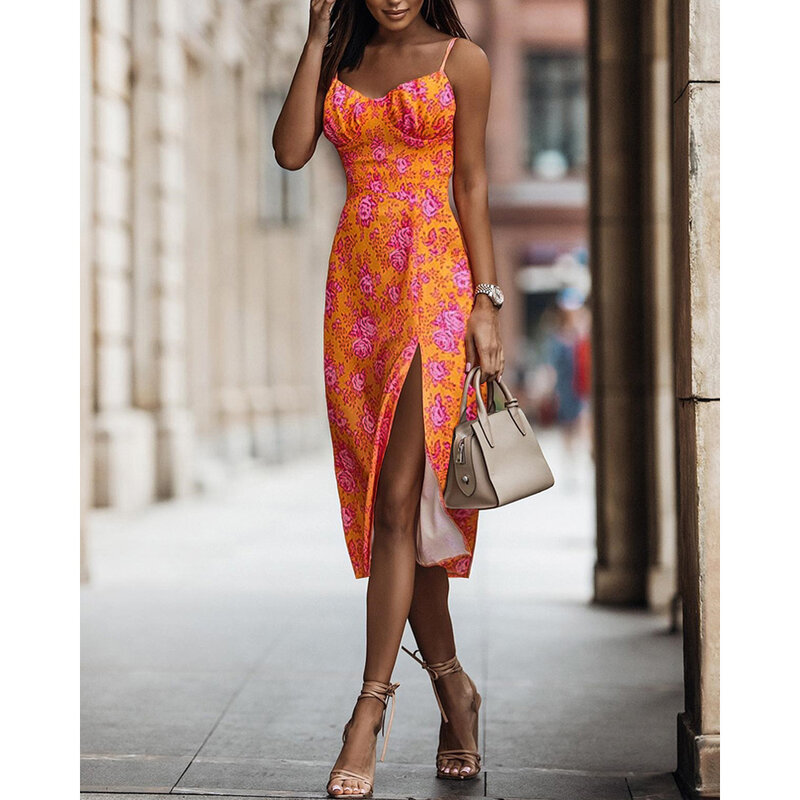 Woman Sexy Spaghetti Strap Print Split Thigh Slip Long Dress 2022 New Fashion Casual Party Maxi Sleeveless Dress for Women