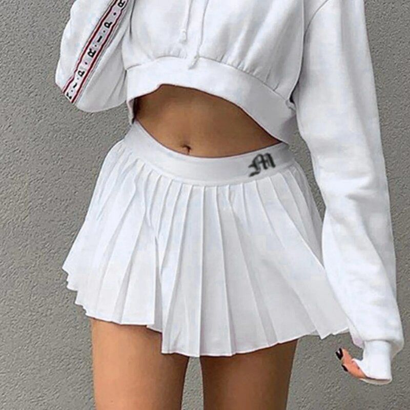 Lässige weiße Mini-Falten röcke Shorts Letter Print hoch taillierter kurzer Rock koreanischer Preppy-Stil Sommer tanz Minirock 2024