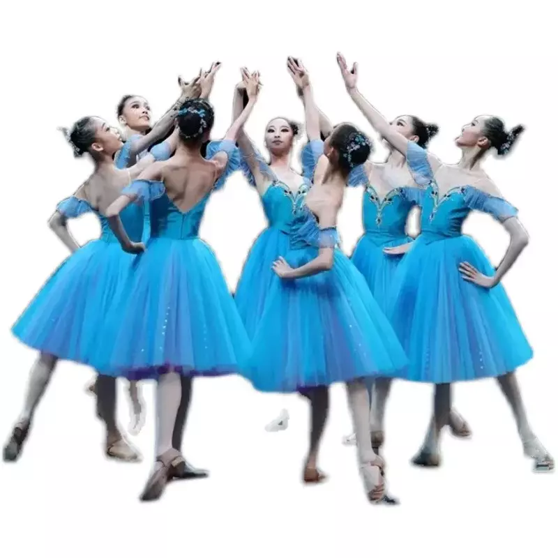 Falda de Ballet de competición para niños, ropa de rendimiento profesional, falda larga azul cielo, dosel