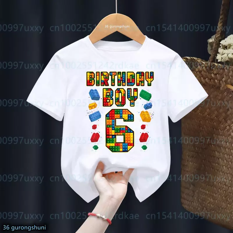 Camiseta Kawaii de bloques de construcción para niños, vestido de fiesta de cumpleaños, camiseta bonita para niños, Top para niños de 4 a 9 años