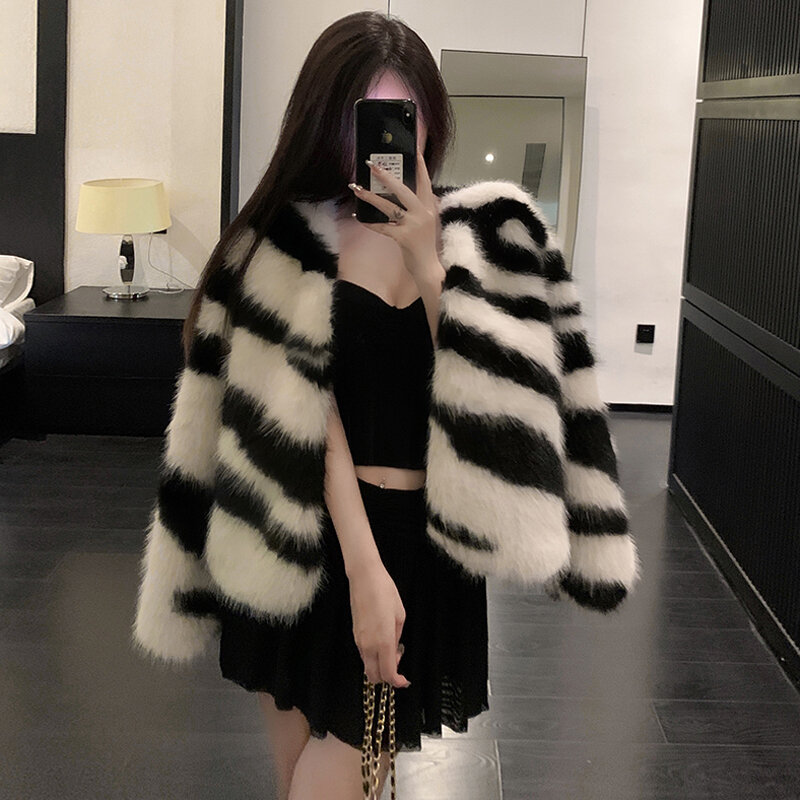 Cardigã de inverno feminino, casaco de pele sintética, mangas compridas, listra zebra, moda coreana