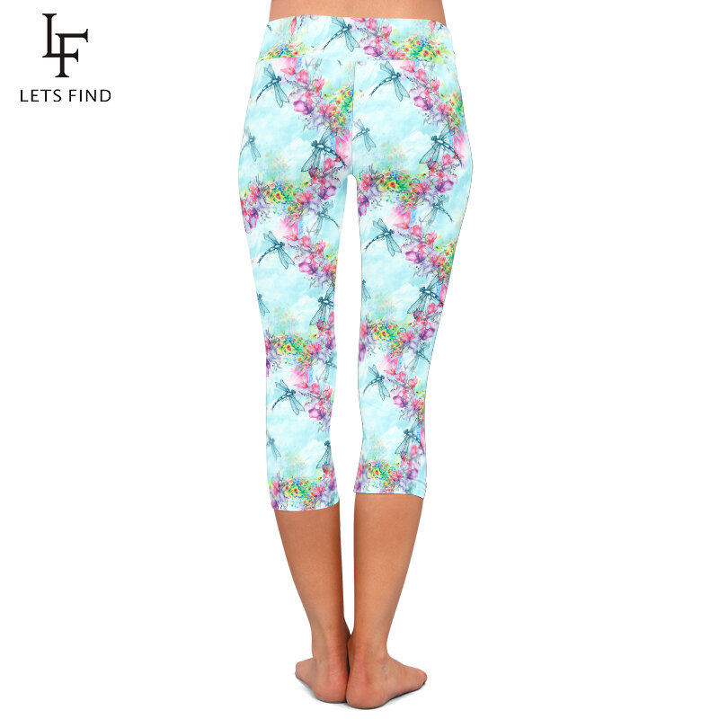 LETSFIND – Leggings libellules et fleurs pour femmes, pantalon mi-mollet en soie, imprimé, taille haute, Fitness