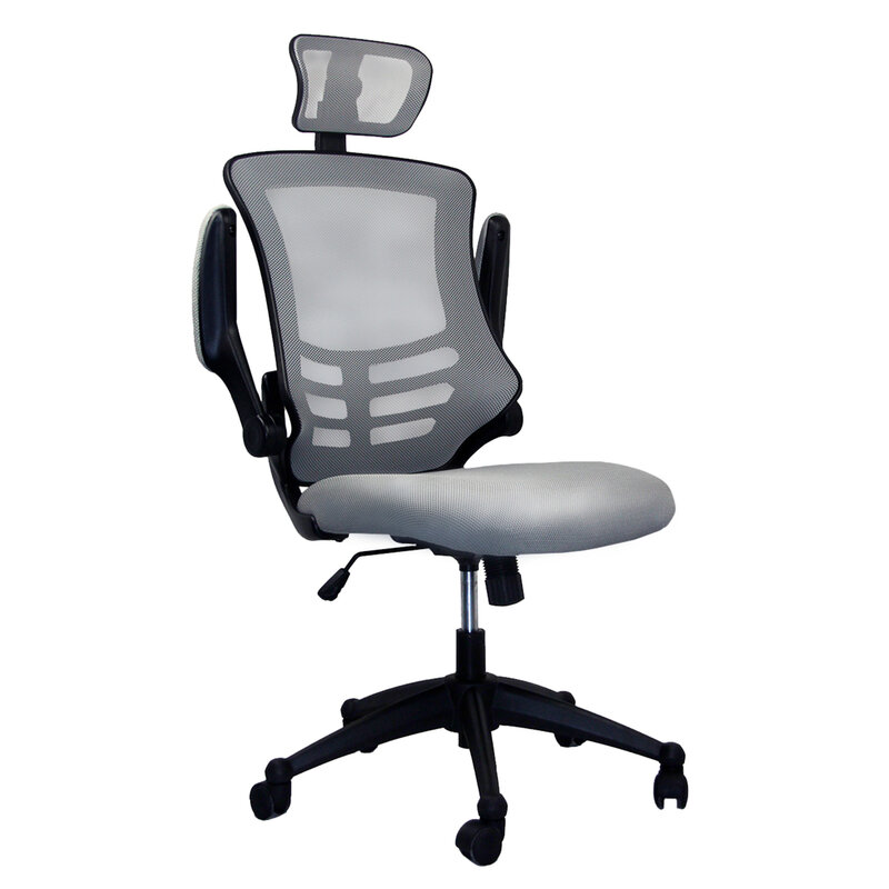 Современное офисное кресло высокого качества с высокой спинкой, серебристо-серого цвета, с подголовником и откидными дужками от Techni mobile, стильное и эргономичное