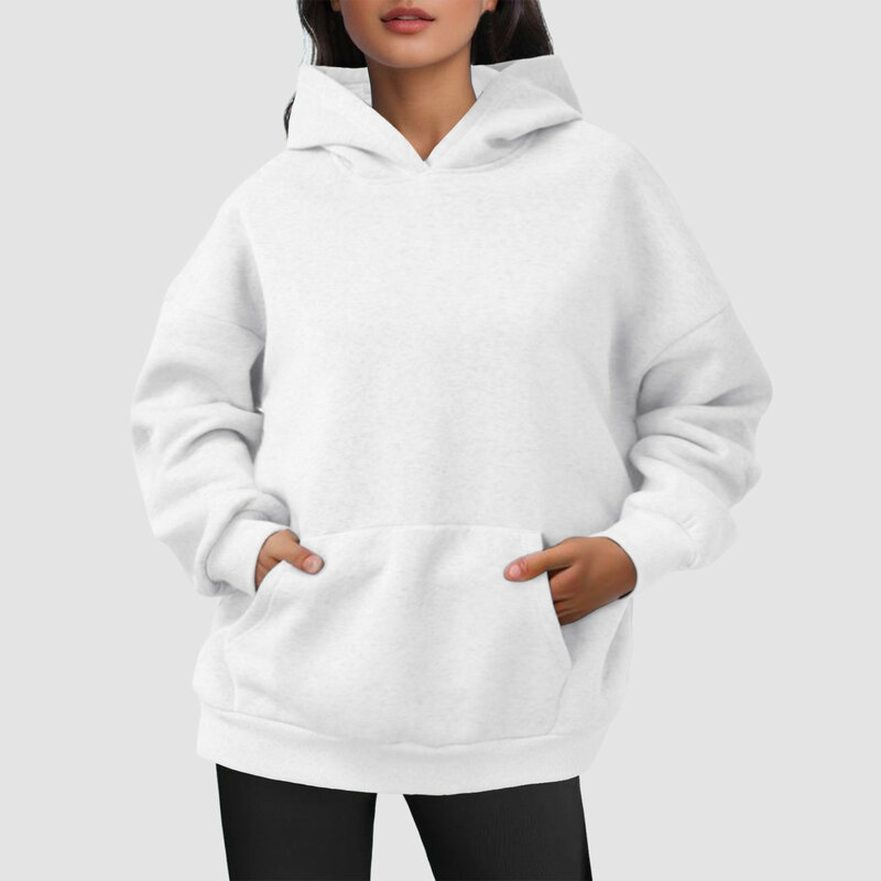Hoodie pulover wanita, Sweatshirt ukuran besar, sweater beludru pendek buatan, lengan panjang dengan saku pakaian musim dingin musim gugur 2024