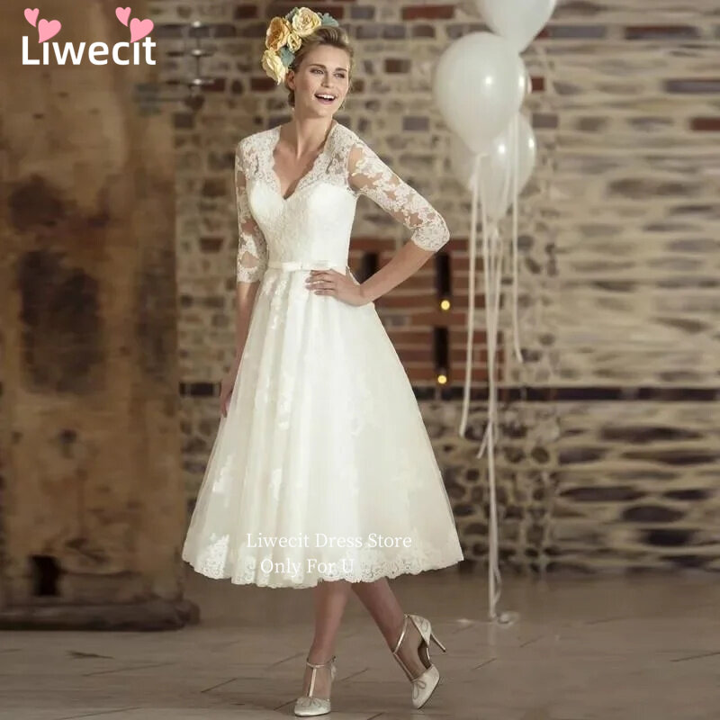 Liwecit-vestido De novia corto con Apliques De encaje, traje De boda De línea A, largo hasta el té, cuello en V, Media manga, lazo