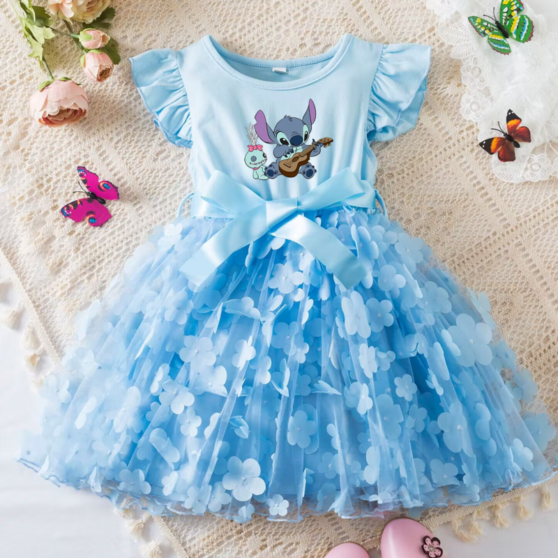 3D Butterfly Lilo Stitch vestido de verão para crianças, roupas casuais para bebês, lindo vestido de princesa, vestidos de festa, 2-6 anos