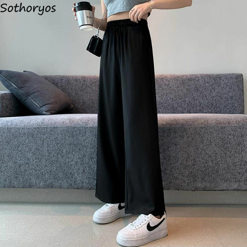 Celana panjang kasual wanita, hitam, belah samping kaki lebar, longgar sederhana cocok untuk harian nyaman pinggang tinggi gaya Ulzzang musim panas