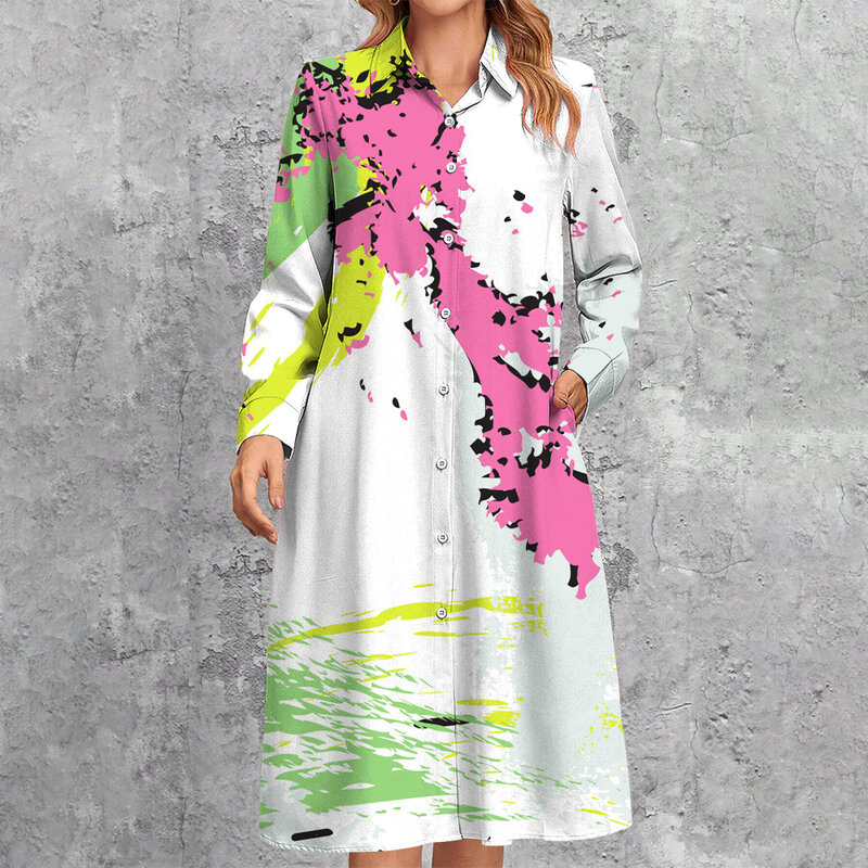 Vestido camisero con estampado de tinta colorida para mujer, informal holgado elegante vestido de manga larga, cárdigan con botones